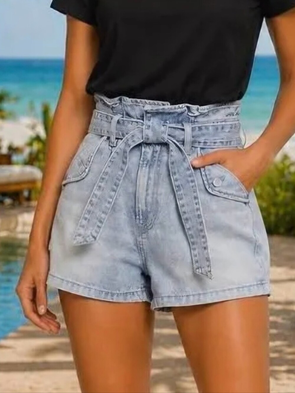 Veronica Beard Light Blue High-Waist Paperbag Denim Shorts 28